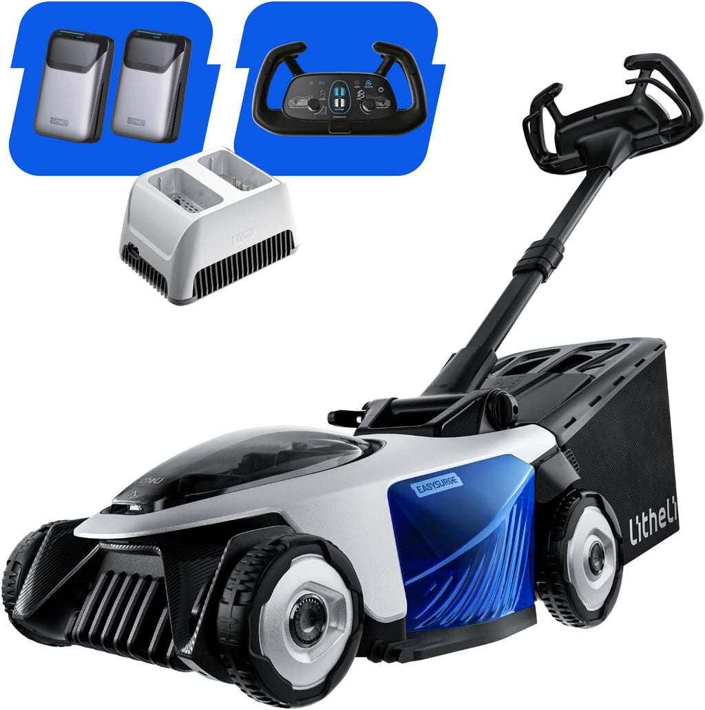 Litheli Easysurge Cordless Lawnmower Self-propelled, 2x 20V/43cm Electric Lawnmower Mulching, 6 Cutting Heights, 50L Grass Box, Battery Lawn Mower with 2x 4.0Ah Batteries